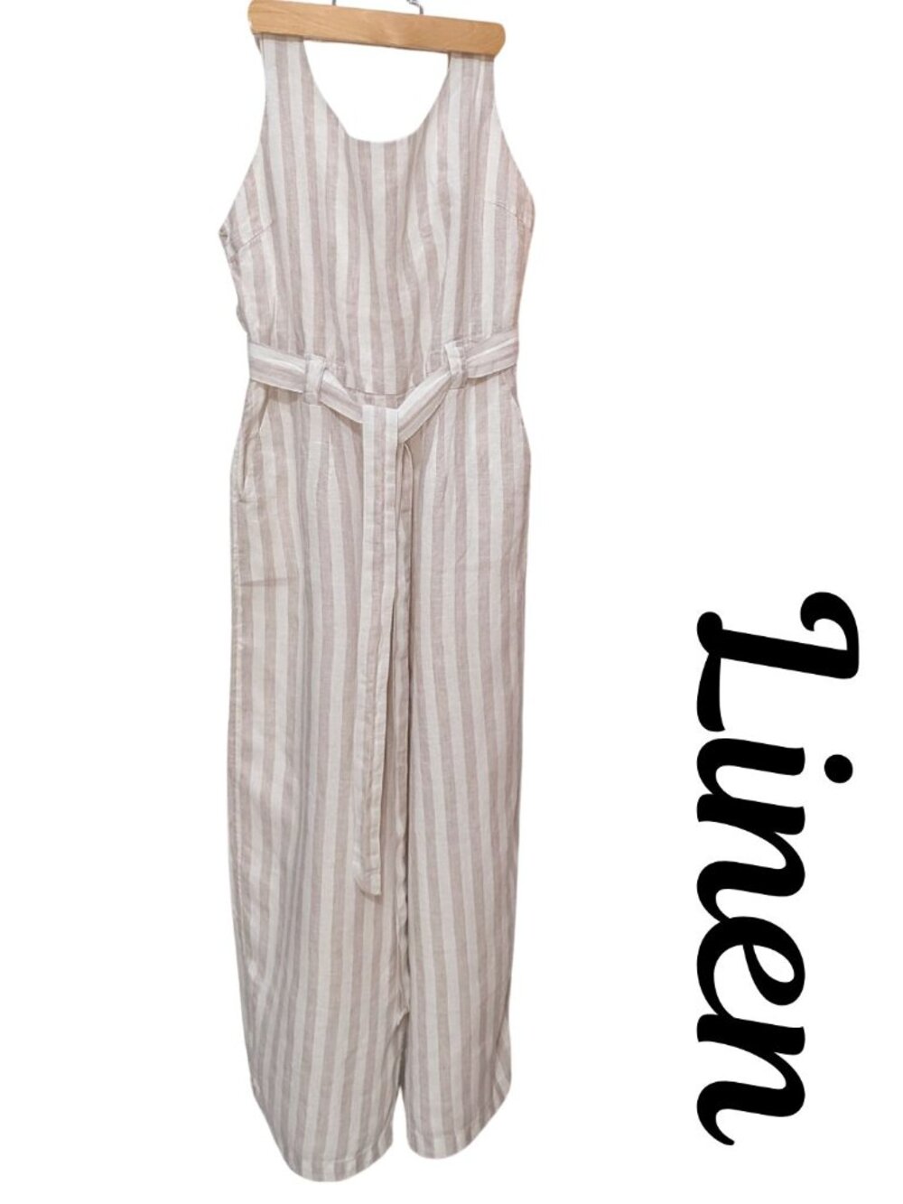 Linen Rachel Zoe Striped Jumpsuit in Cream and Tan